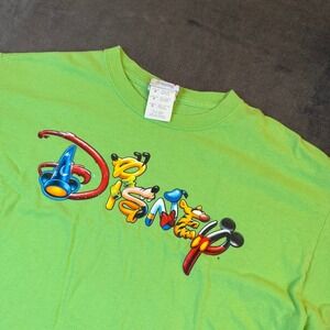 Disney Shopping Character Logo T-Shirt ADult Medium Lime Green Mickey Goofy